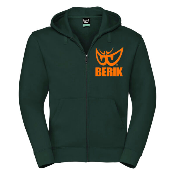 felpa verde con cappuccio zip e logo arancione