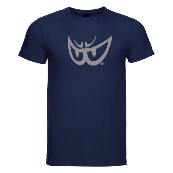 t-shirt blu in cotone bio con logo argento