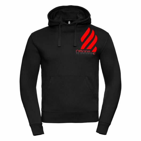 felpa nera da uomo con Cappuccio OUR NAME e logo rosso