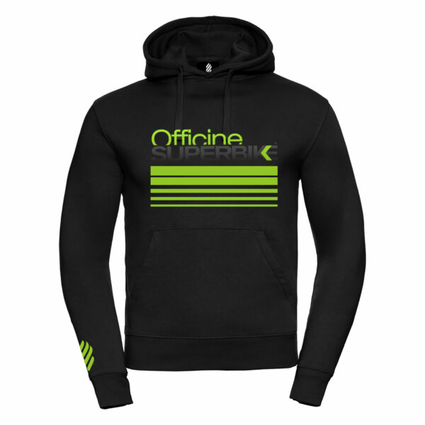 felpa nera da uomo con Cappuccio OUR NAME e linee fluo